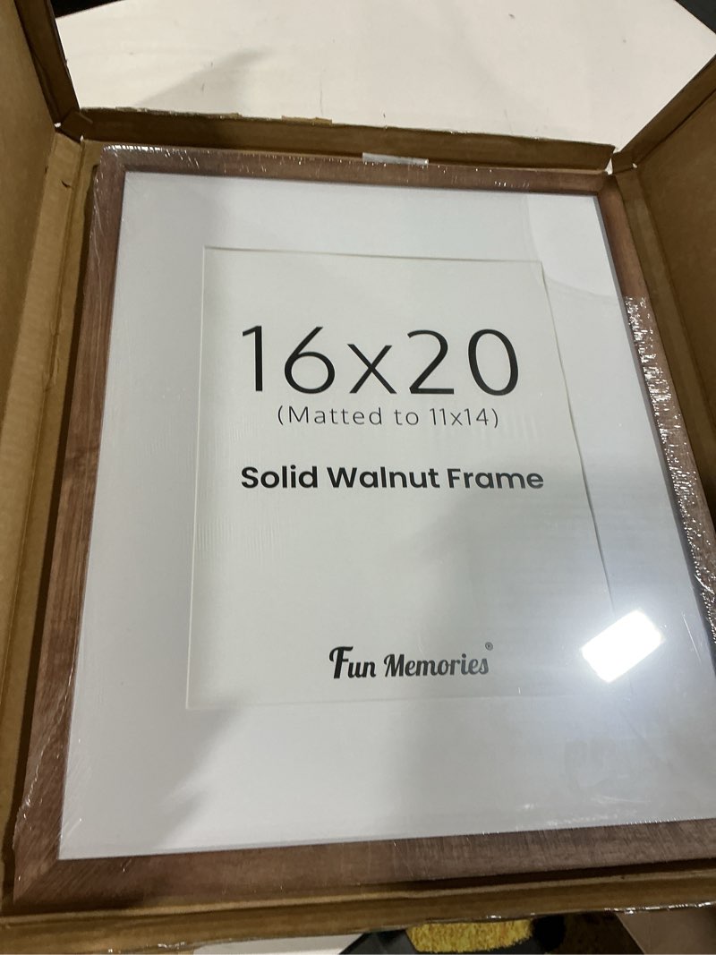 Condition photo showing Good Condition for 16 x 20 Picture Frame with HD Tempered Glass, USA-Sourced Walnut Wood Photo Frame Matted to 11x14, Rounded Corner 16x20 Wooden Frames, Vertical or Horizontal Wall Display Poster & Art Prints USA-Sourced Walnut Wood 16x20-1P | HD Tempered Glass