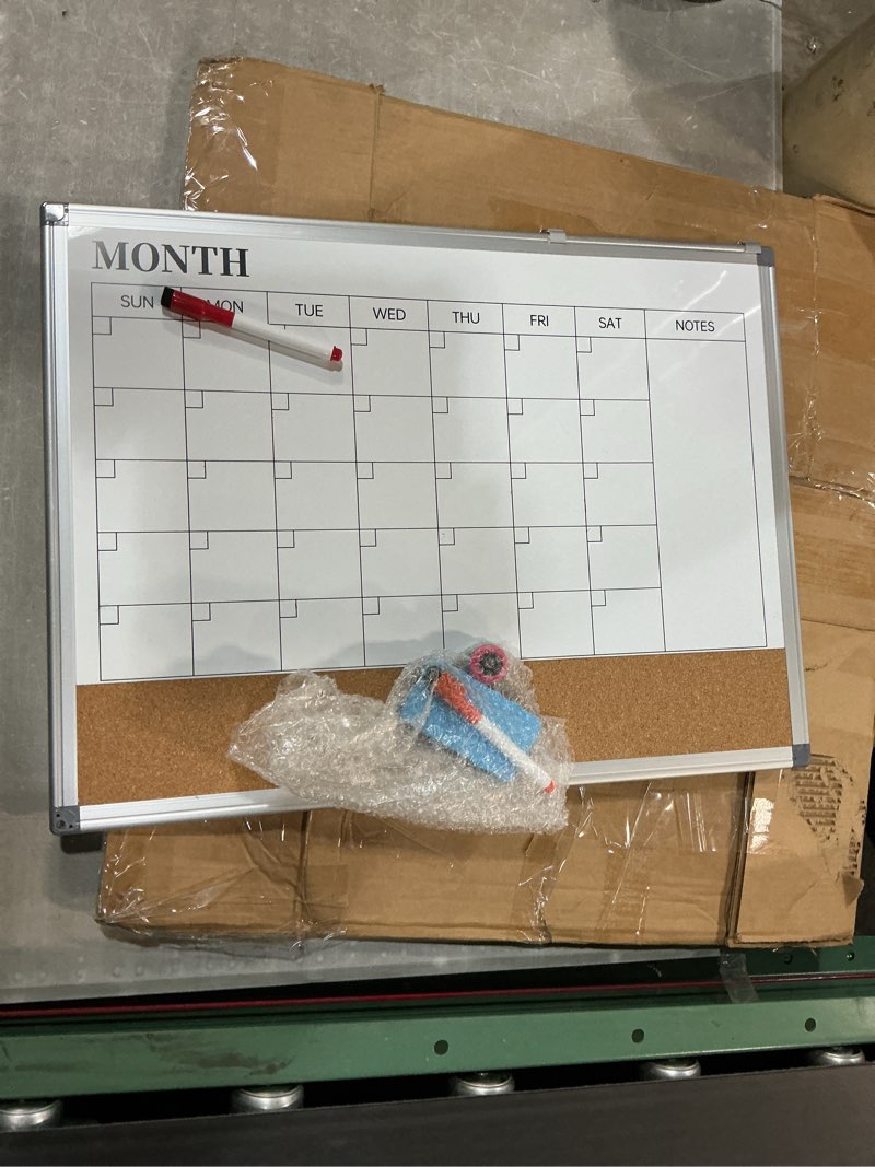 Condition photo showing Good Condition for arcobis dry erase calendar with cork board for wall, 24"x 18" magnetic calendar whiteboard with black frame, monthly combination board for school, home, office black 24" x 18" with cork