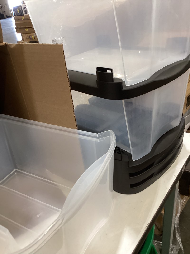 Condition photo showing As Is for 4 tier shelf standing plastic storage drawers and organizer with wheels for home, dorm, or office use, black/clear 1 black