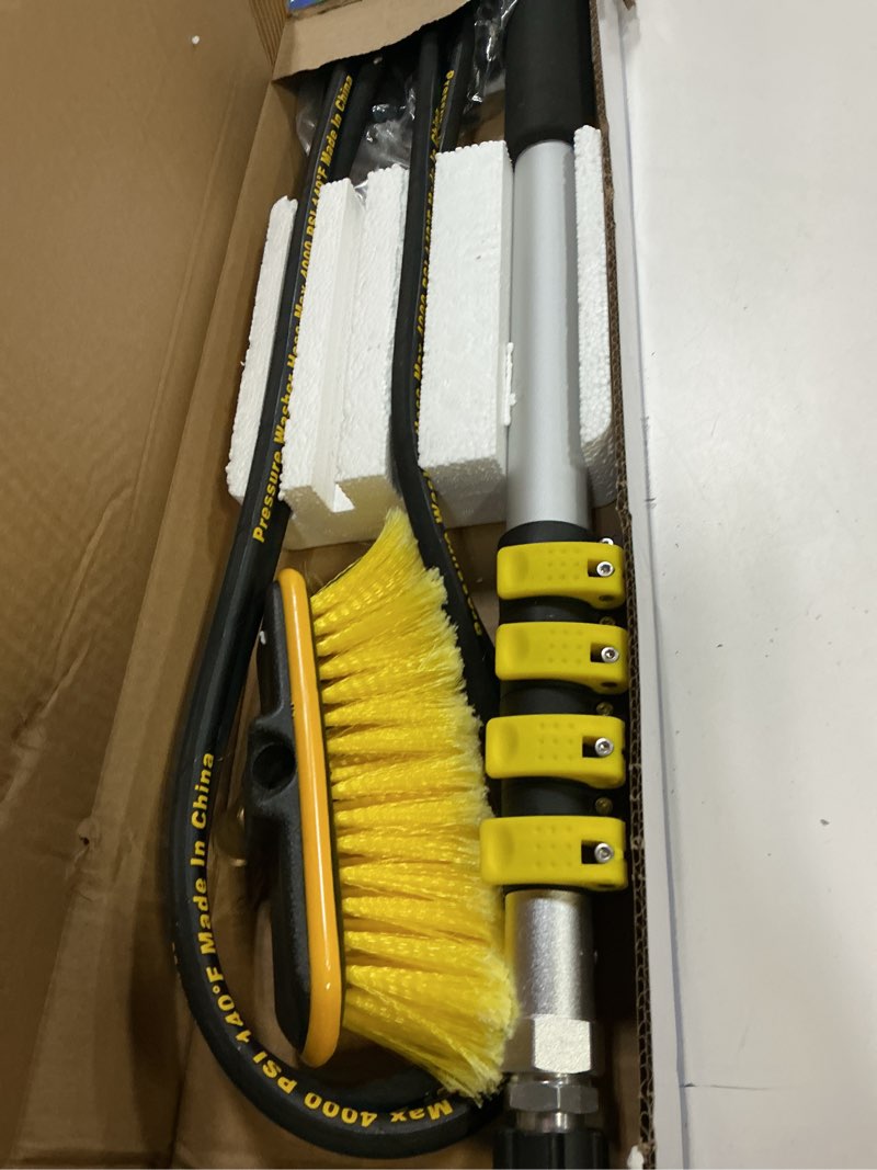 Condition photo showing Good Condition for janz aluminum 24 ft telescoping pressure washer wand with pressure washer extension wand,gutter cleaner attachment, 5 spray nozzle tips, 2 hose inlet adapters and support harness