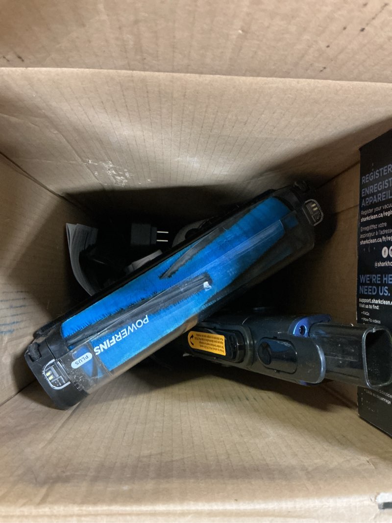 Condition photo showing As Is for shark uz565h pro cordless vacuum w/ clean sense iq & multiflex technology, powerfins plus brushroll, duster crevice tool & anti-allergen dusting brush, up to 40 minute runtime, white/blue (renewed)