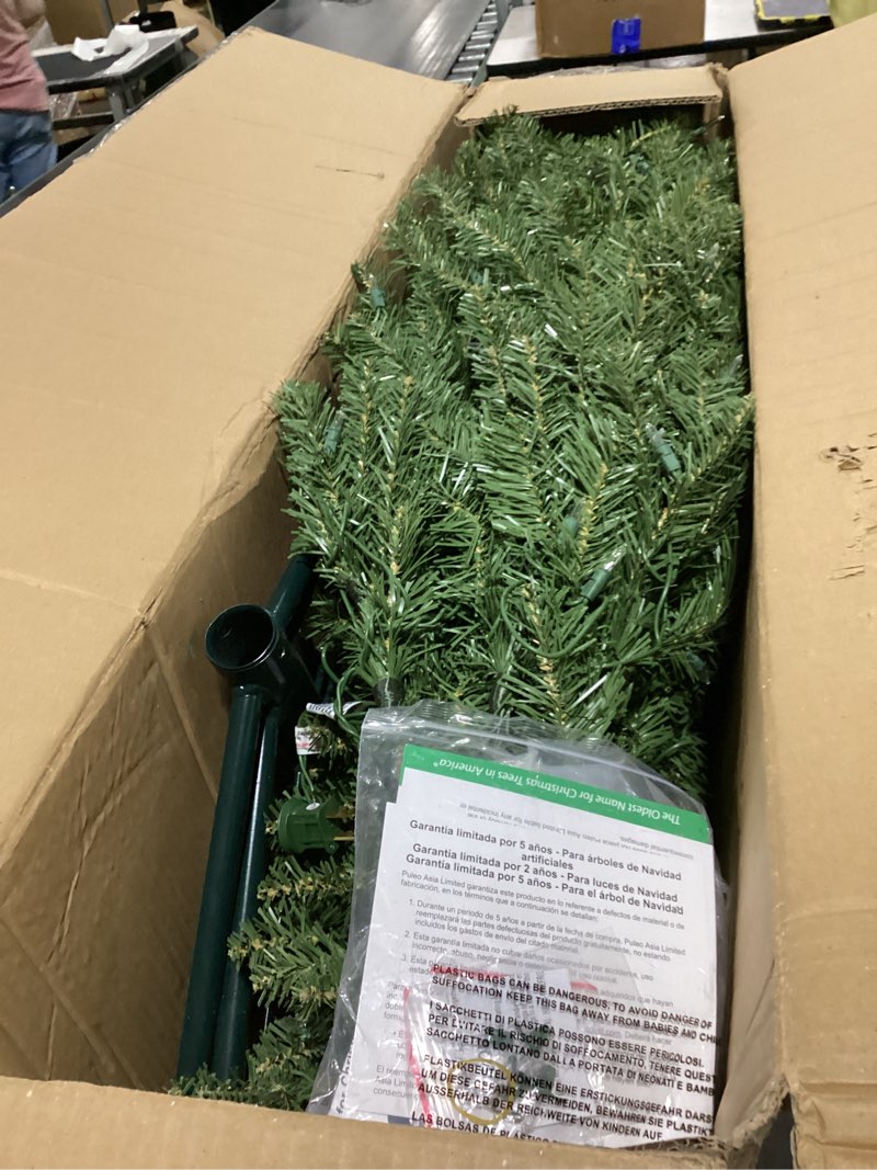 Condition photo showing New/Like New for Puleo International 7.5ft Pre-Lit Slim Fraser Fir Christmas Tree with 350 Clear Lights, 1188 Realistic Dense Branch Tips, Easy Setup Artificial Trees with Sturdy Metal Stand 7.5' Pencil Fraser Fir with 350 Clear Lights