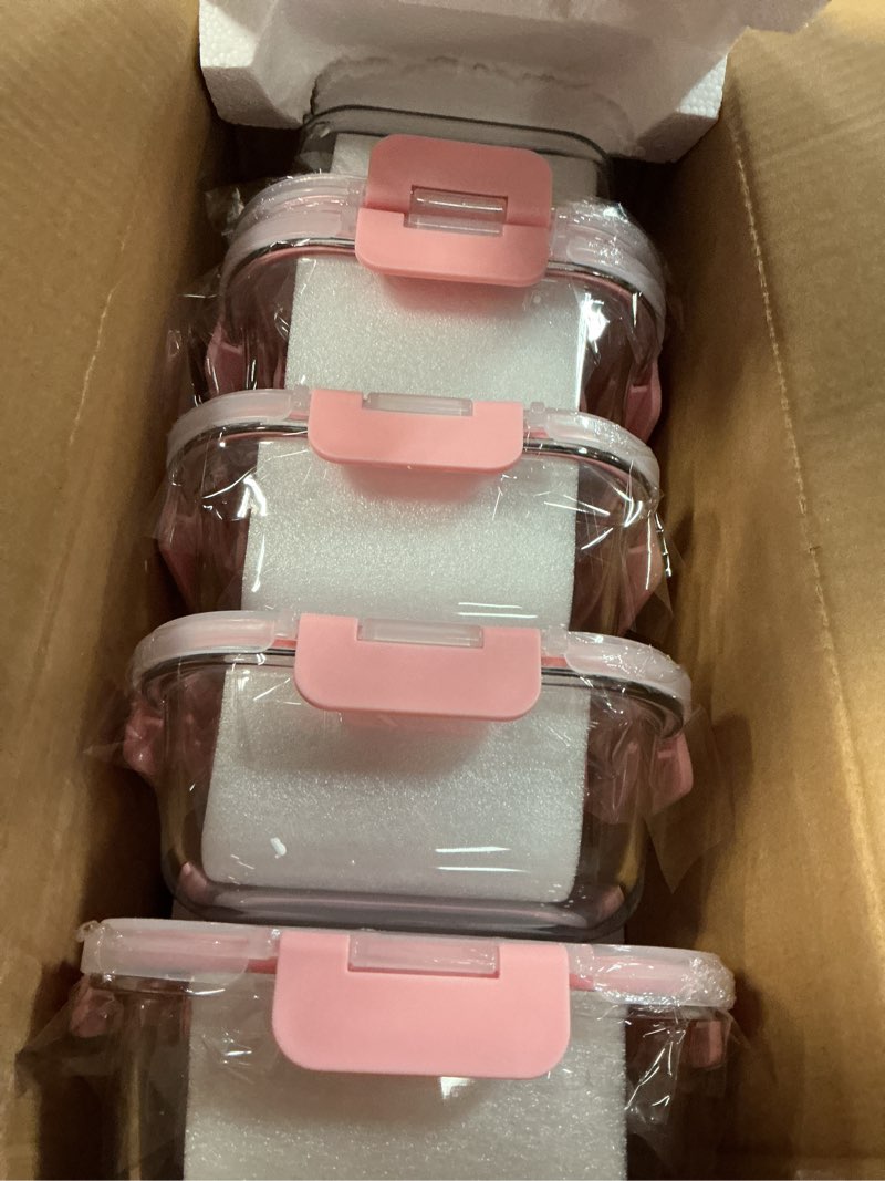 Condition photo showing New/Like New for umeied 10 pack glass food storage containers with lids leakproof, airtight glass meal prep containers for lunch, on the go, leftover, dishwasher safe pink