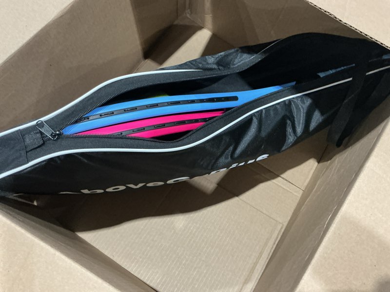 Condition photo showing New/Like New for neon tennis rackets 2 pack for adults- 27" lightweight aluminum tennis racquet set with 3 balls & bag- vibrant high-visibility matte finish for men women beginners pink/blue