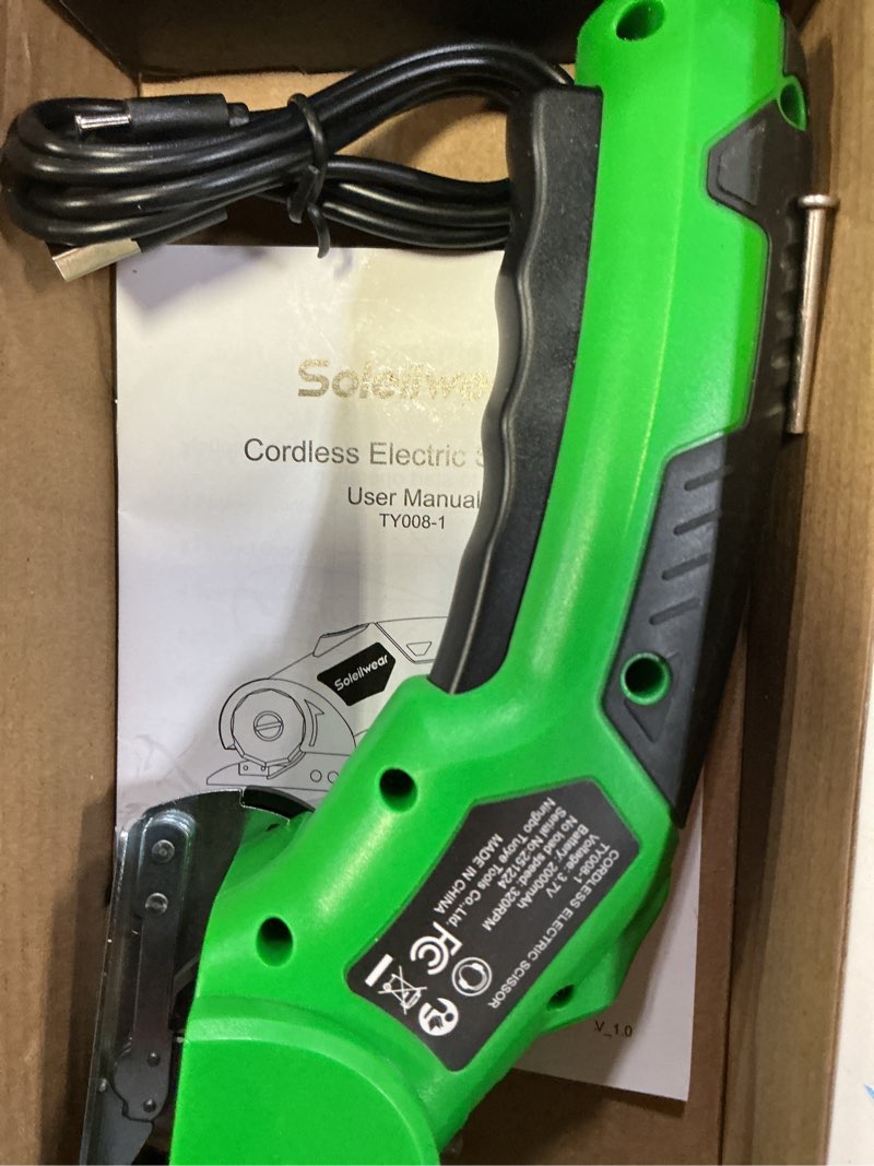 Condition photo showing Good Condition for Cardboard Cutter, Rechargeable Cordless Electric Scissors, 4V Upgrade Motor Electric Box Cutter with 2 Blades, Safety Lock & LED Light, Powerful Cutting for Cardboard Box, Plastic, Leather Green