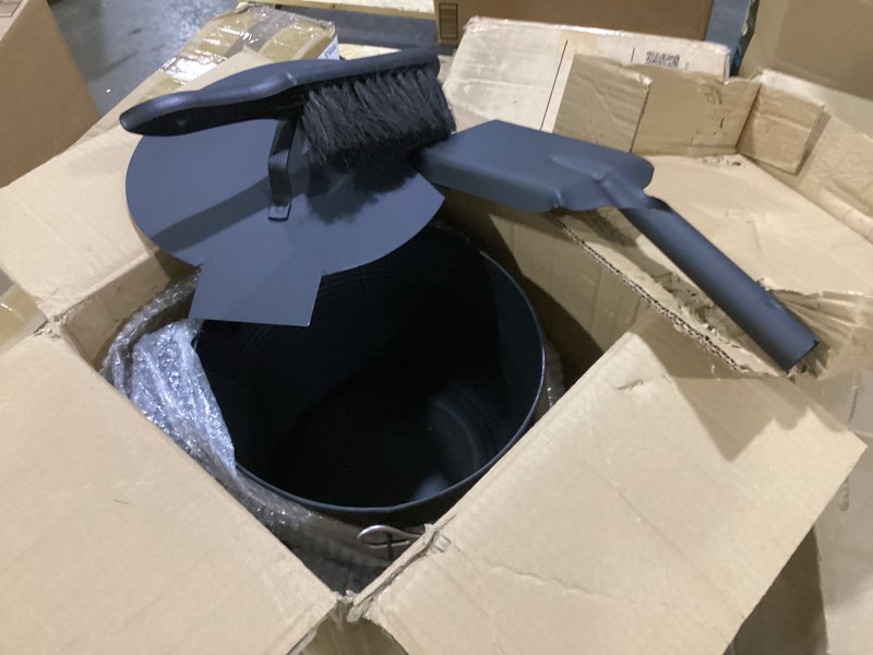 Condition photo showing New/Like New for pure garden ash bucket - metal bucket with lid (2.11-gallon), broom, and shovel for fireplace or firepit ashes - fireplace tools (black) - 1 count