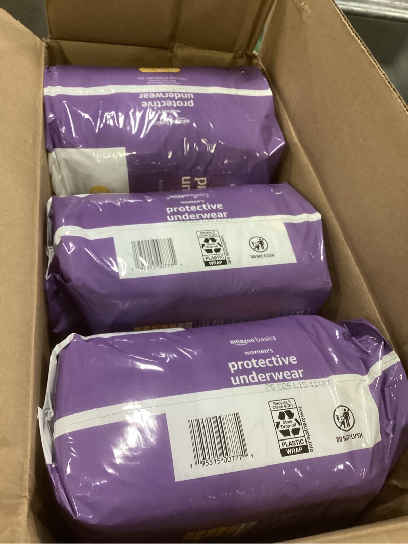 Condition photo showing New/Like New for amazon basics incontinence underwear for women, protective, disposable, postpartum, maximum absorbency, x-large, lavender, 48 count (3 packs of 16)