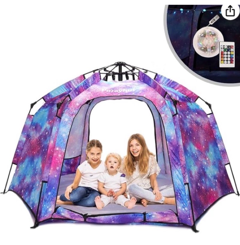 Portable Hexagon Kids Play Tent with LED Strip Lights Indoor Children Play House Easy Set-up Space Large Dream Tent for Night 4-5 Person & Birthday Gifts