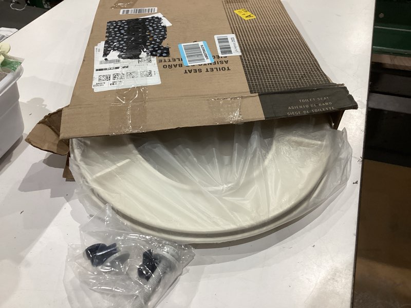 Condition photo showing As Is for bemis 730slec slow close toilet seat, easy clean hinges and durable plastic seat, made in usa, round, bone round bone