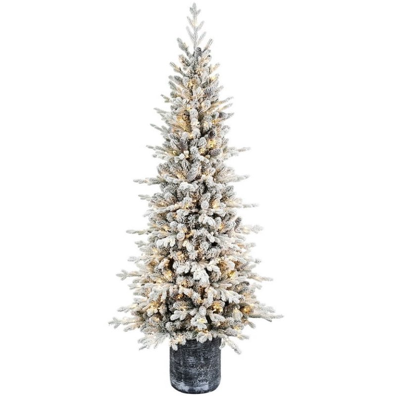 Bringstar 4.5FT Pre-lit Potted Flocked Christmas Tree, Snow Frosted Mini Tabletop Artificial Christmas Tree with 150 LED Lights and 720 PE & PVC Branch Tips for Front Door, Porch, Indoor and Outdoor