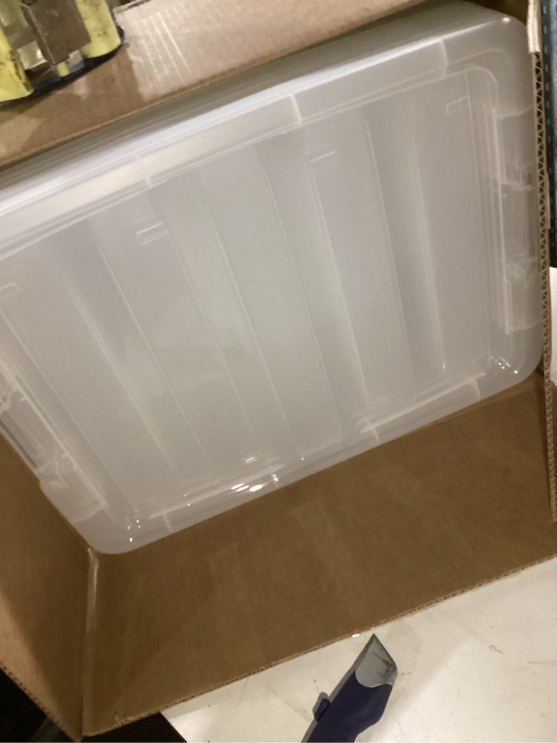 Condition photo showing New/Like New for IRIS USA 54 Qt Stackable Plastic Storage Bins with Lids, 6 Pack - BPA-Free, Made in USA - See-Through Organizing Solution, Latches, Durable Nestable Containers, Secure Pull Handle - Clear Clear 54 Qt 6 Pack