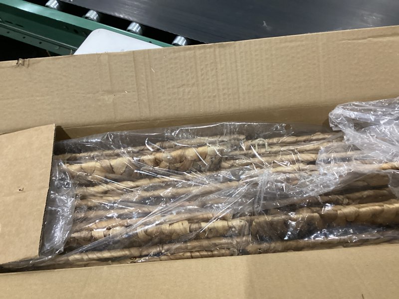 Condition photo showing As Is for 12x12x10in water hyacinth storage baskets, wicker storage cubes set of 4, foldable wicker baskets for pantry organization, square baskets for shelves 4 pack