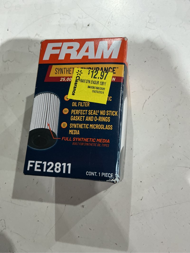 Condition photo showing Good Condition for fram  synthet  $12.97  n  25,00  clearance  fram syn endur 12811  840357607220  05/26/2026  fic  oil filter  perfect seal® no stick gasket and