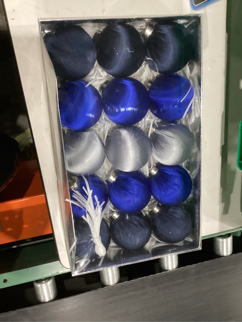 Condition photo showing New/Like New for 3.15 Inch Satin Christmas Tree Ornaments?15 Pcs Velvet Christmas Balls Bulk Set Plastic Shatterproof Xmas Hanging Ornaments Decorations for Tree Garland(Blue Silver White) S-blue Silver White