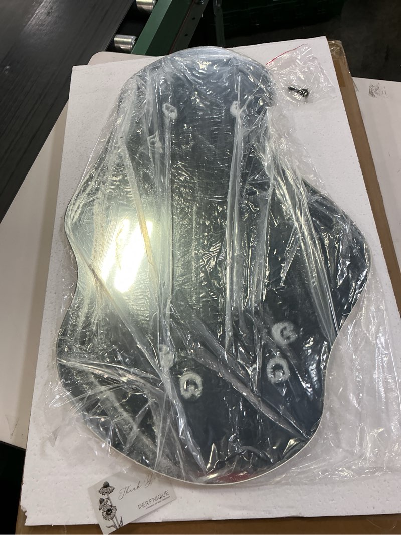 Condition photo showing As Is for PERFNIQUE Irregular Wall Mirror Asymmetrical Mirror, 28''x17'' Decorative Modern Mirror for Bathroom Bedroom Living Room Entryway, Cloud Frameless, Wall Mounted (28''x17'', Cloud) Cloud 28"L x 17"W