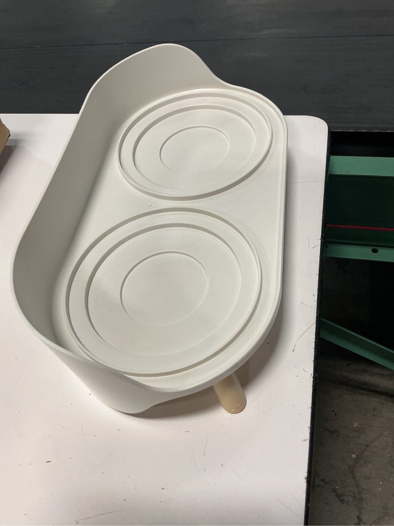 Condition photo showing As Is for raised cat food and water bowl set - elevated ceramic dishes with non-slip stand and splash guard for small dogs - 2 x 320 ml (4.9 oz) - white small white