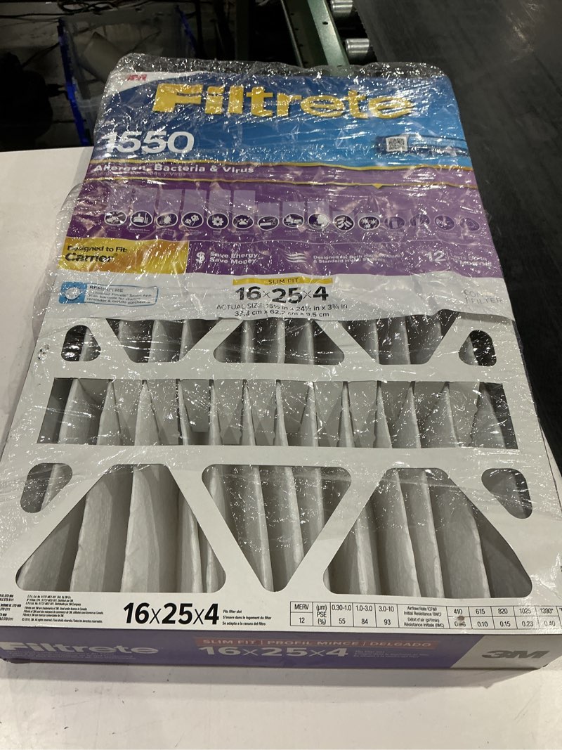 Condition photo showing As Is for filtrete 16-in w x 25-in l x 4-in merv 12 1550 mpr slim allergen, bacteria and virus electrostatic pleated air filter