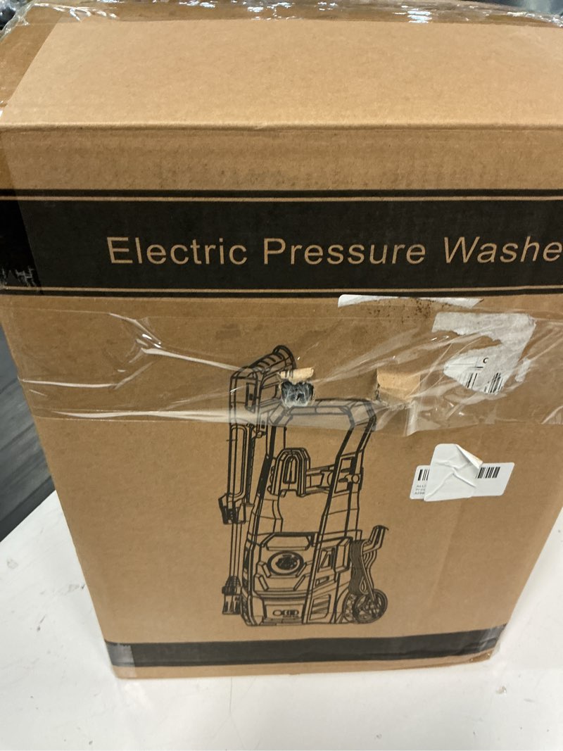 Condition photo showing As Is for electric pressure washer, 2.5 gpm power washer with 4 quick connect nozzles & foam cannon, portable high pressure washer cleaning machine for cars fences driveways patios