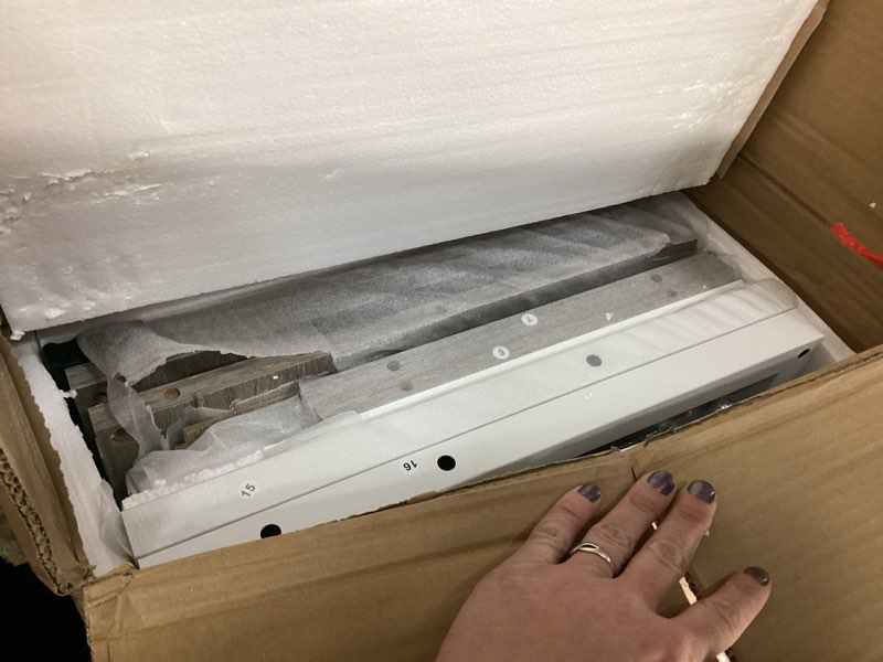 Condition photo showing As Is for Tribesigns 71 inch Executive Desk, L Shaped Desk with Cabinet Storage, Executive Office Desk with Shelves, Business Furniture Set Workstation for Home Office, Gray and White INCOMPLETE SET box B only 