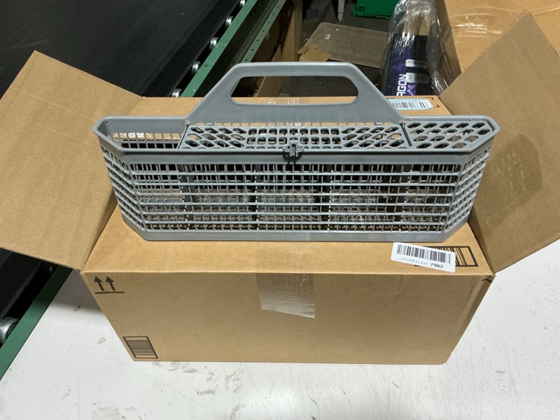 Condition photo showing As Is for universal wd28x10128 dishwasher cutlery basket, durable dishwasher basket with flaps open design, dishwasher utensil basket compatible with ge and fits whirlpool frigi-daire kenmore dishwasher