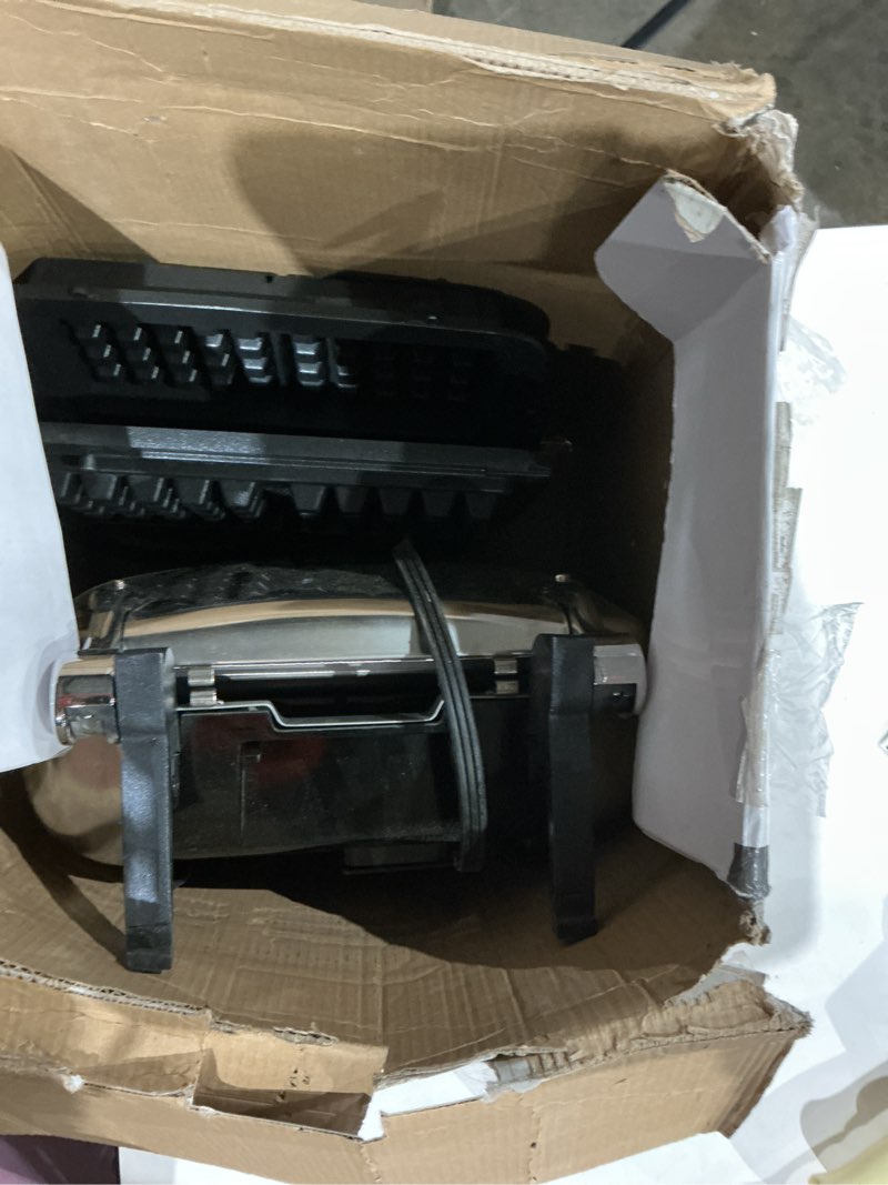 Condition photo showing As Is for all-clad stainless steel waffle maker 4 section, thick belgium waffle makers, upright storage 1600 watts, nonstick, 6 browning levels, dishwasher safe