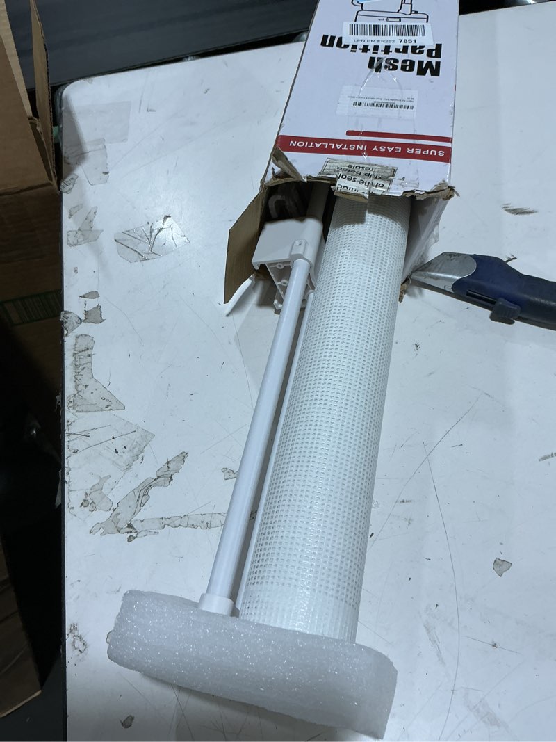 Condition photo showing New/Like New for 24 inches tall retractable dog gate for the house, short baby gates to step over, extends up to 55" wide, reinforced mesh puppy gate for doorways, step over pet gate for stairs, indoor/outdoor (white) white reinforced 24" tall x 55" wide