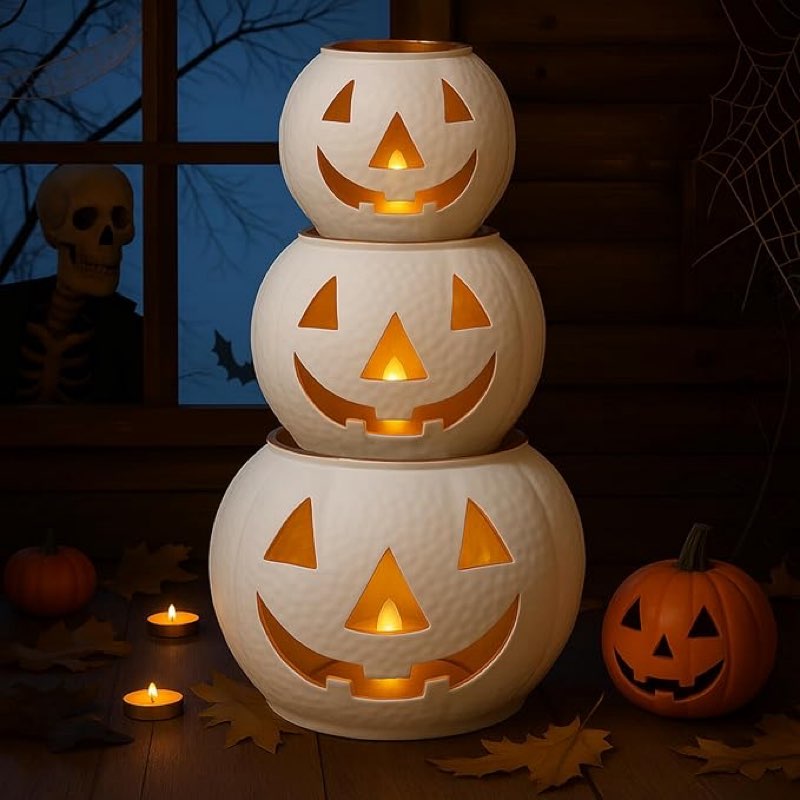 nuogo 3 pcs halloween metal jack o lanterns pumpkin set with led candles - pumpkin lanterns in white