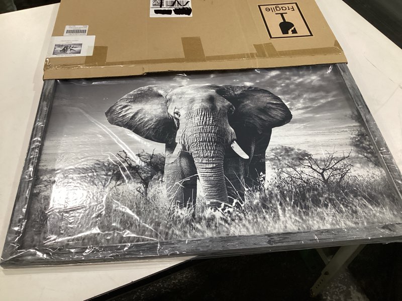 Condition photo showing New/Like New for Elephant Picture Wall Art Framed - Modern Wild Animal Portrait Black White African Wildlife Painting Prints Wooden Artwork for Bedroom 24"L x 16"W