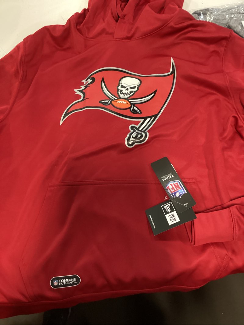 Condition photo showing New/Like New for (Red color, size XL) Tampa Bay Buccaneers NFL Black Pullover Hoodie