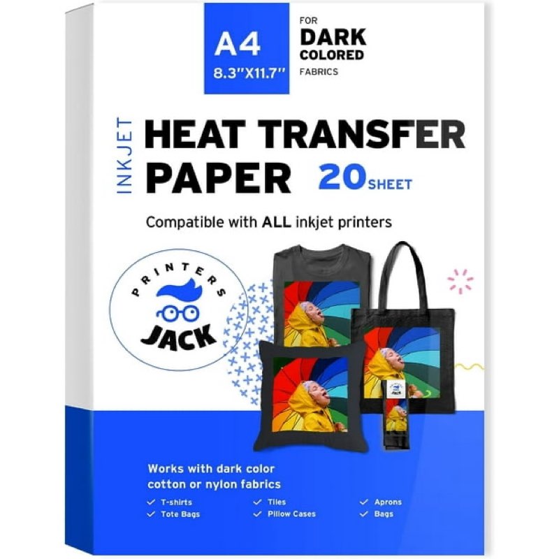 printers jack heat transfer paper compatible with all inkjet printers, 8.3 inches, dark coloured, 1 layer, 20 sheets