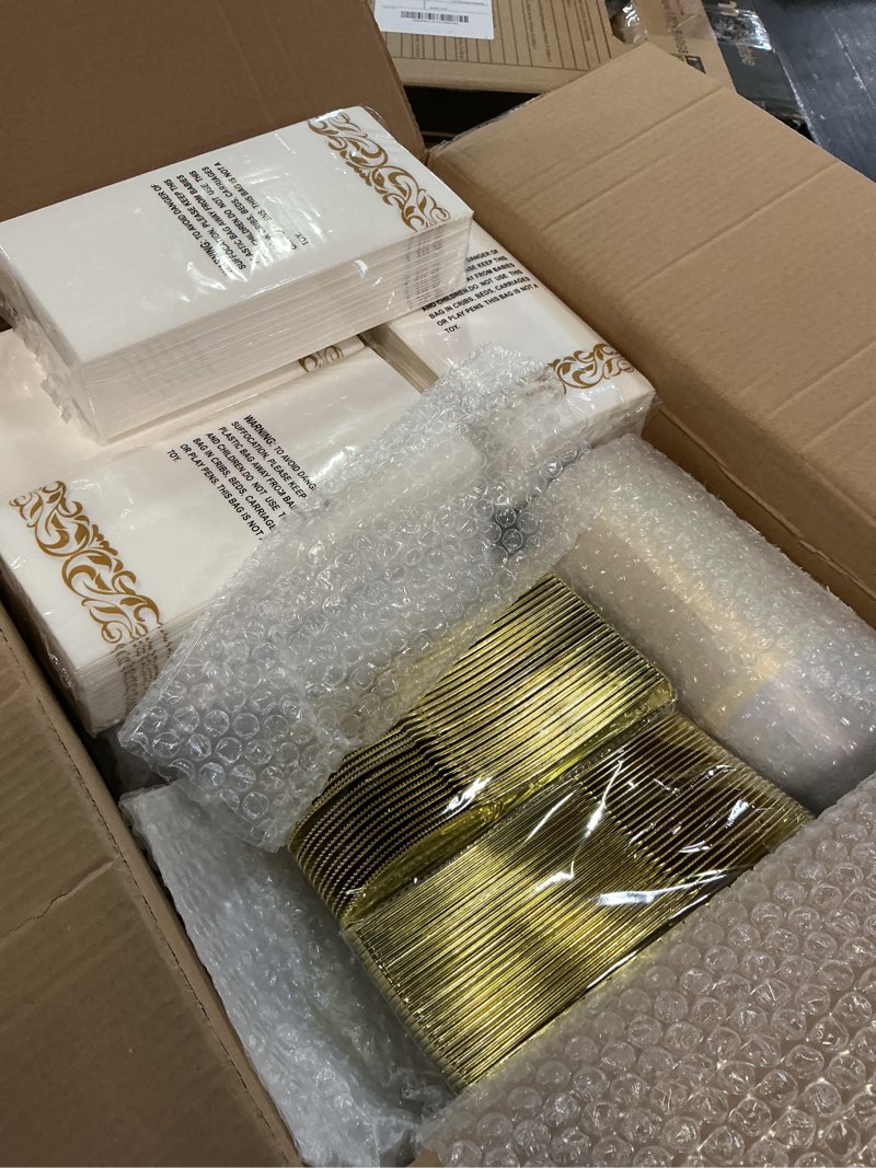 Condition photo showing New/Like New for goodluck 700 pieces gold dinnerware set for 100 guests, disposable for party, include: 100 gold rim dinner plates, 100 dessert plates, 100 paper napkins, 100 cups, 100 plastic silverware set gold 100 guests
