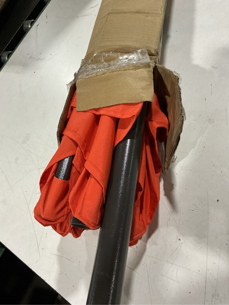 Condition photo showing As Is for 7.5 ft patio umbrella, yard umbrella, outdoor market umbrella with push button tilt crank, orange