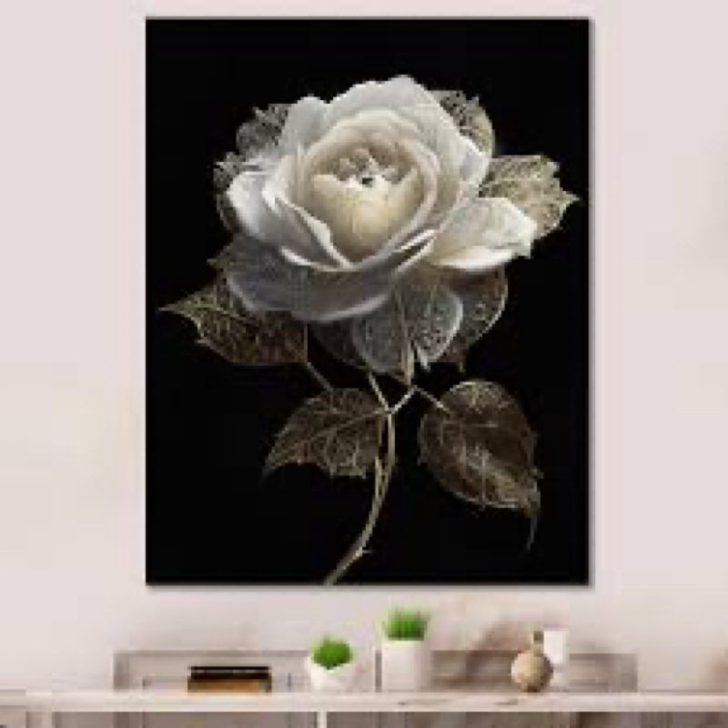 Retro White Rose Portrait On Black On Canvas Print Format: Black Single Picture Framed, Size: 32" H x 16" W x 1" D