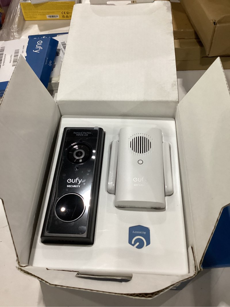 Condition photo showing As Is for may have water damage eufy security, battery s200 video doorbell kit, wire-free doorbell, free wireless chime, wi-fi connectivity, 1080p-grade resolution, no monthly fees, 120-day battery, ai detection, 2-way audio