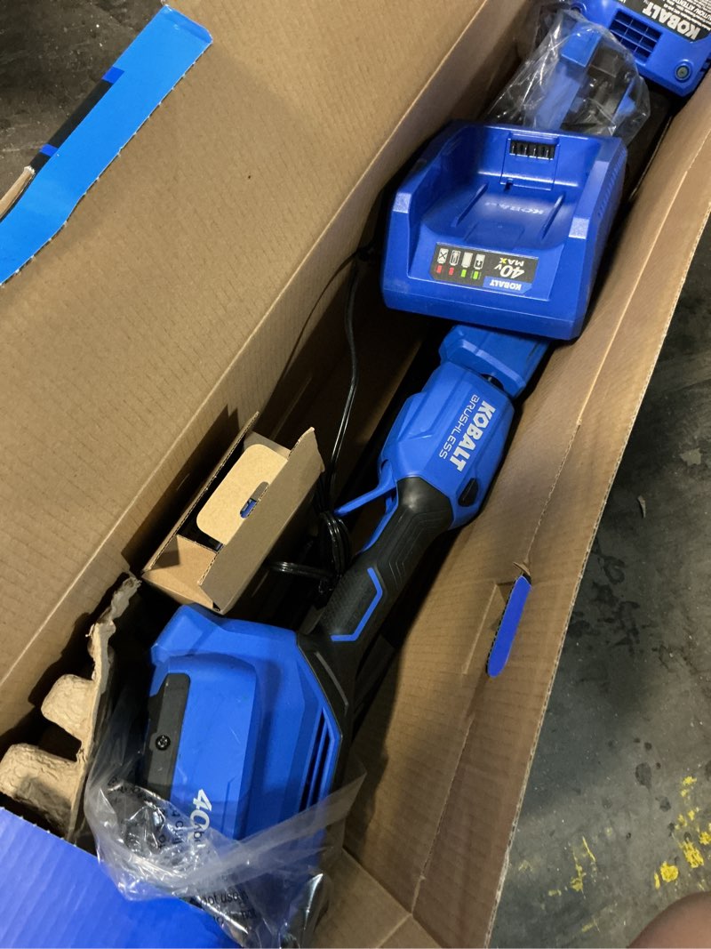 Condition photo showing As Is for kobalt gen4 40-volt 10-in 2 ah battery pole saw (battery and charger included)