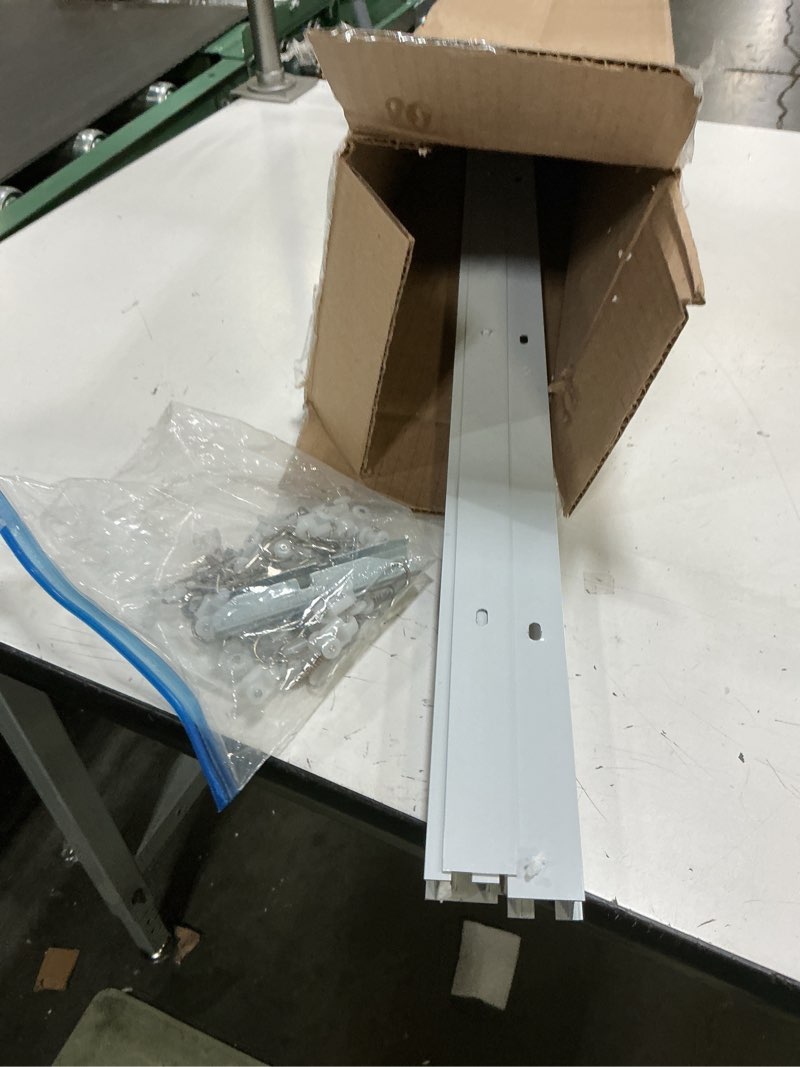 Condition photo showing As Is for curtain track, ceiling curtain track for room divider, ceiling mount rail set with roller hooks, white, 6ft - 9ft white 6ft - 9ft