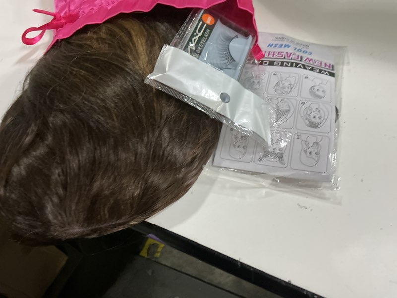 Condition photo showing Good Condition for highlight dark brown mix honey blonde long layered wavy wigs with bangs for black white women synthetic highlight brown layered with curtain bangs wig body wave shaggy hair for daily use 24inch brown highlight# 24 inch
