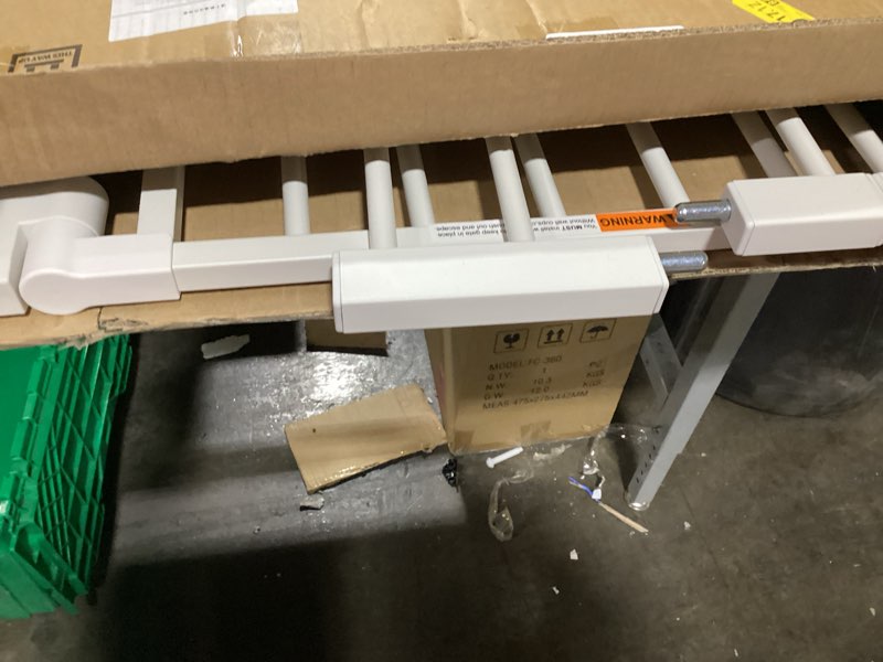 Condition photo showing As Is for BABELIO 29-48" Extra Wide Baby Gate with Cat Door,Auto Close Metal Pet Door for Stairs, Doorways, House, Pressure/Hardware Mounted, Easy Walk Thru, White White 29-48" Wide, 30" Tall