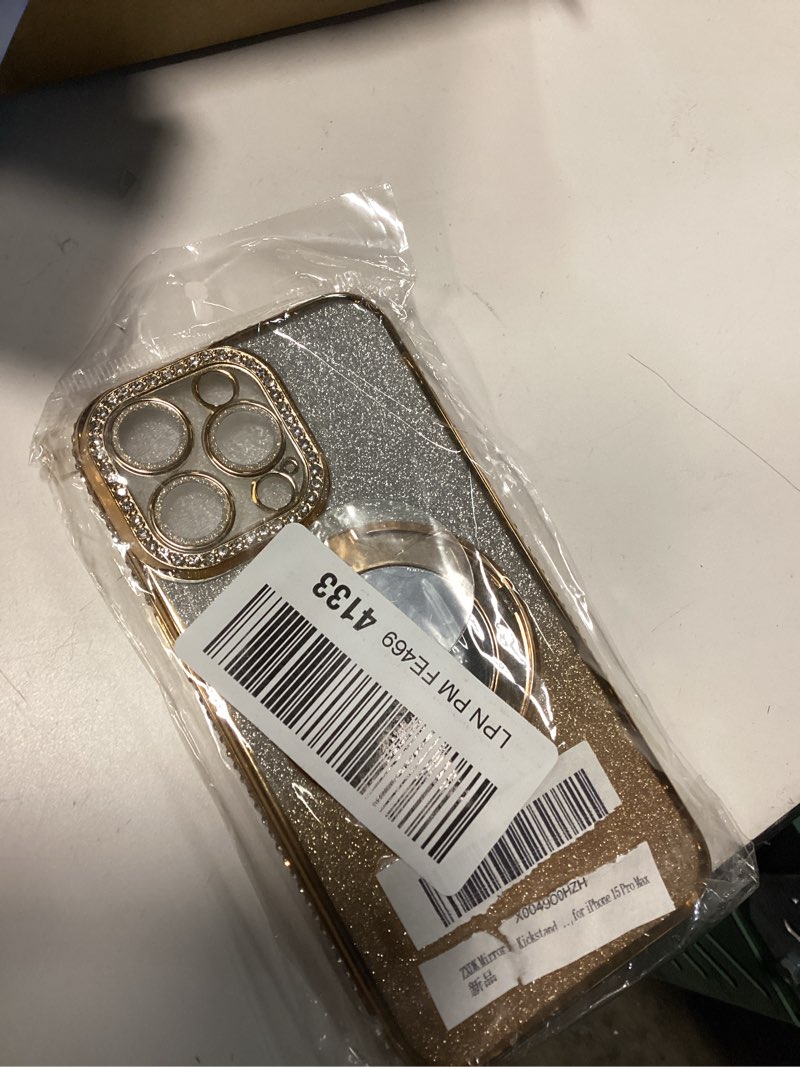 Condition photo showing New/Like New for Mirror Kickstand Glitter Diamond Case for iPhone 15 14 13 12 Pro Max,Magnetic Stand Holder,Camera Lens Protector Compatible with Magsafe, Rhinesetone Bing Cover Case (Gold,for iPhone 15 Pro Max) Gold For iPhone 15 Pro Max