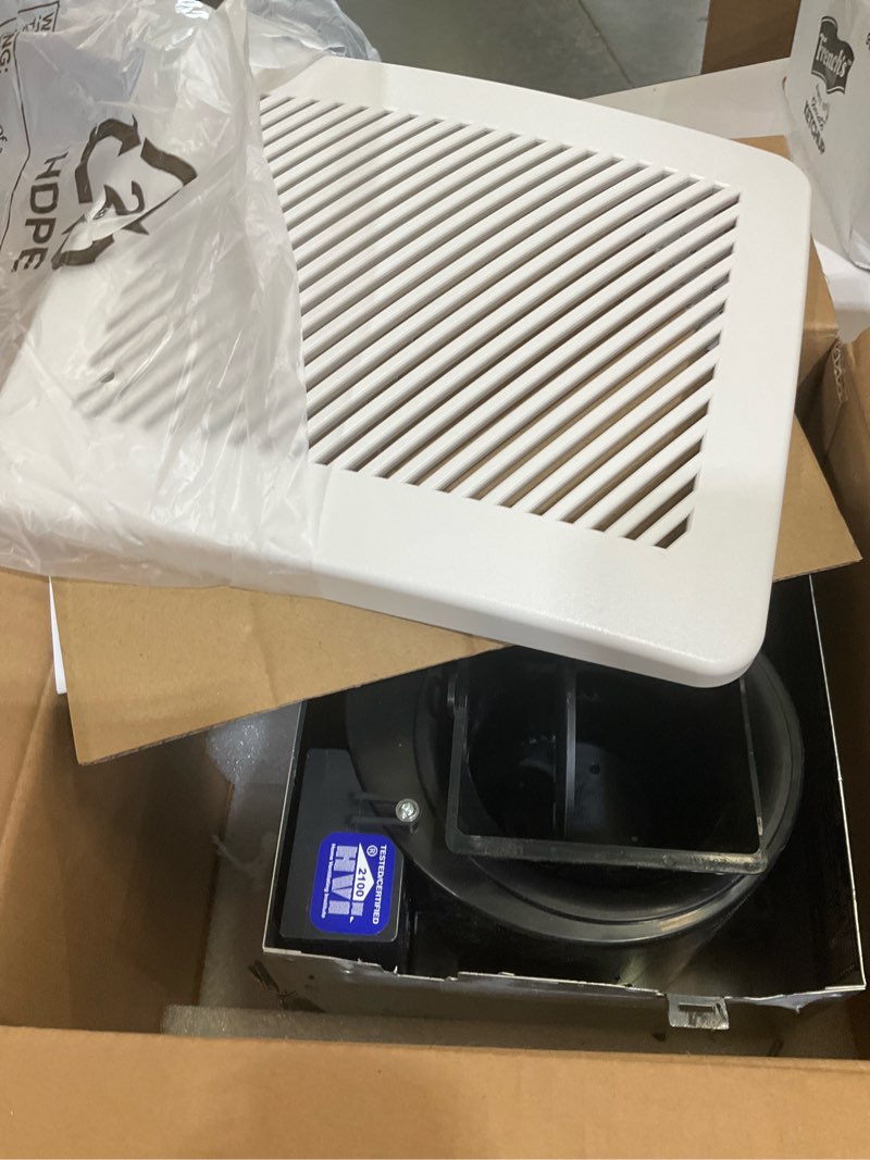 Condition photo showing As Is for utilitech 1.5-sone 100-cfm white bathroom fan with humidity sensor, energy star