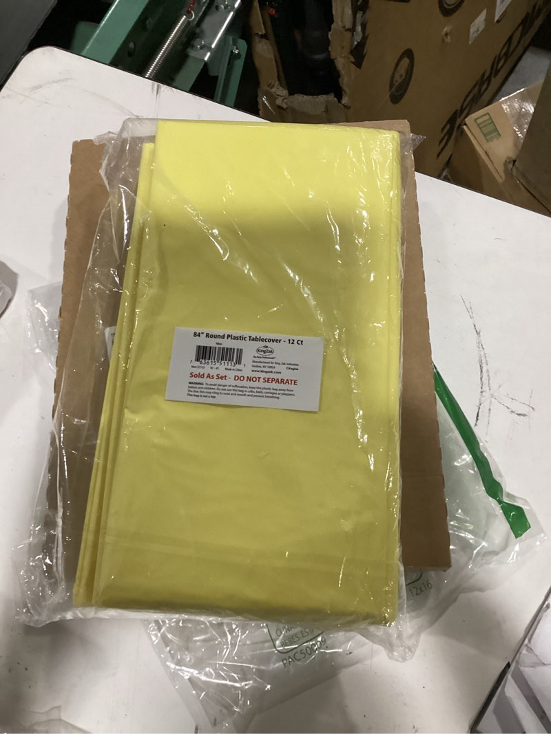 Condition photo showing New/Like New for yellow disposable plastic tablecloth for round tables (12 pack) 84 inches table cloths for parties, events & weddings, indoors & outdoors, plastic table cover yellow 12 count - round