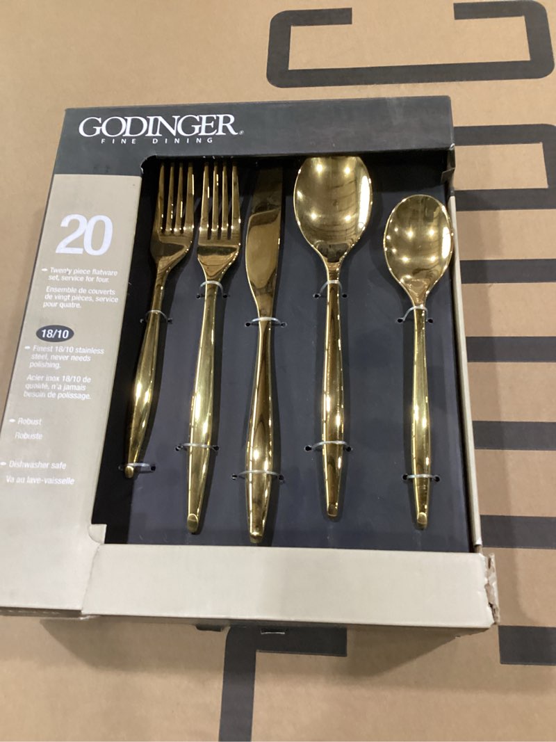 Condition photo showing As Is for Godinger Flatware Set, Salad Fork, Dinner Fork, Tea Spoon and Table Spoon Gold, 20 Piece Set