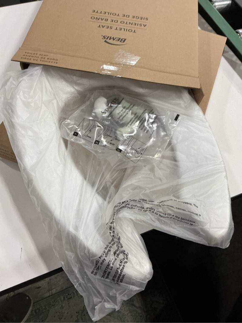 Condition photo showing New/Like New for bemis 1955ssct commercial open front plastic toilet seat, heavy duty industrial no slam seat without lid, secure installation, made in usa, elongated, white white elongated