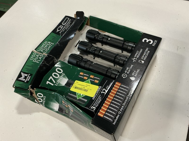 Condition photo showing As Is for member's mark 3 pc 1700 lumen dual power led flashlight set