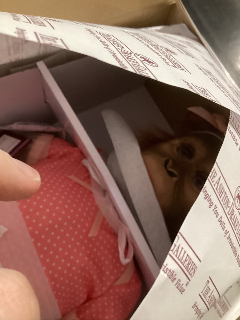 Condition photo showing Good Condition for the ashton-drake galleries lifelike annabelle's hugs monkey doll, 22 inches, realtouch vinyl, pink polka-dot outfit