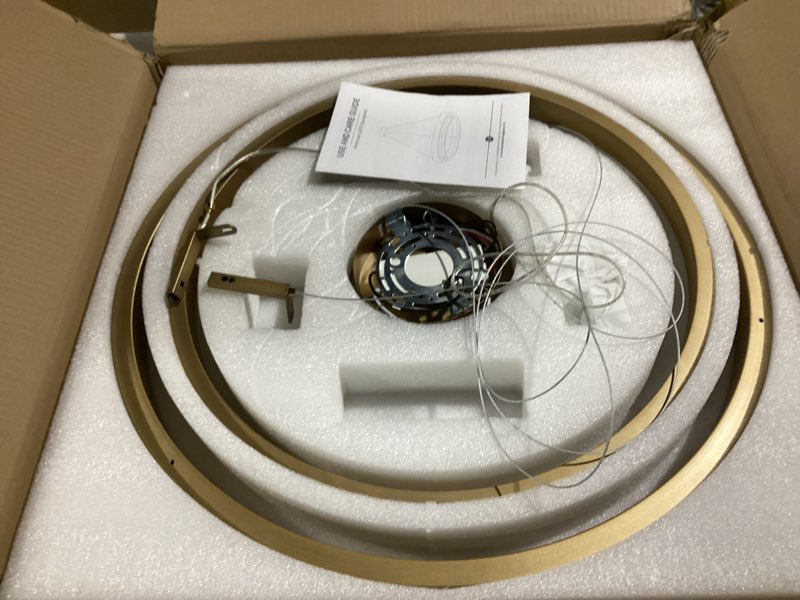 Condition photo showing As Is for LED Ring Chandelier Dimmable Black Chandelier Round Foyer Chandeliers Light Walnut Wood Black Circular Chandeliers for Dining Room Entry Bedroom Office Living Room, 24in Walnut Wood Black 30W Downlight