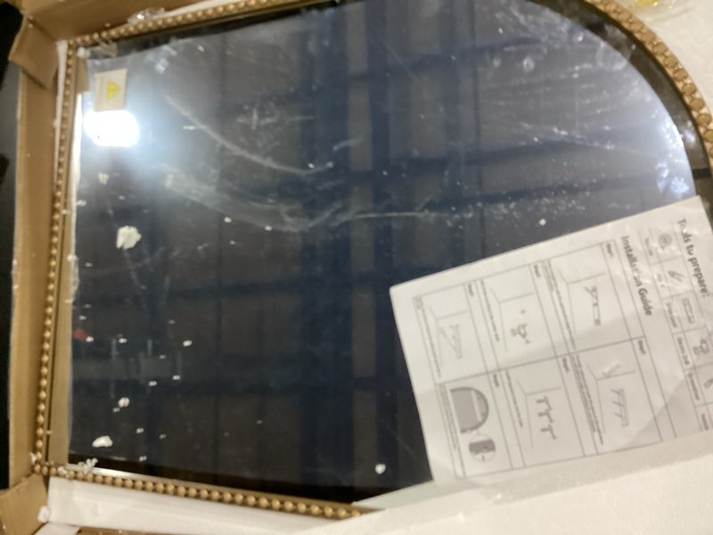 Condition photo showing Good Condition for arched mirror for wall, 22"x30" gold arch bathroom vanity mirror, antique brass metal floral frame decorative arch wall mirrors, arched mirrors for washroom, bedroom, entryway, living room gold 30"l x 22"w