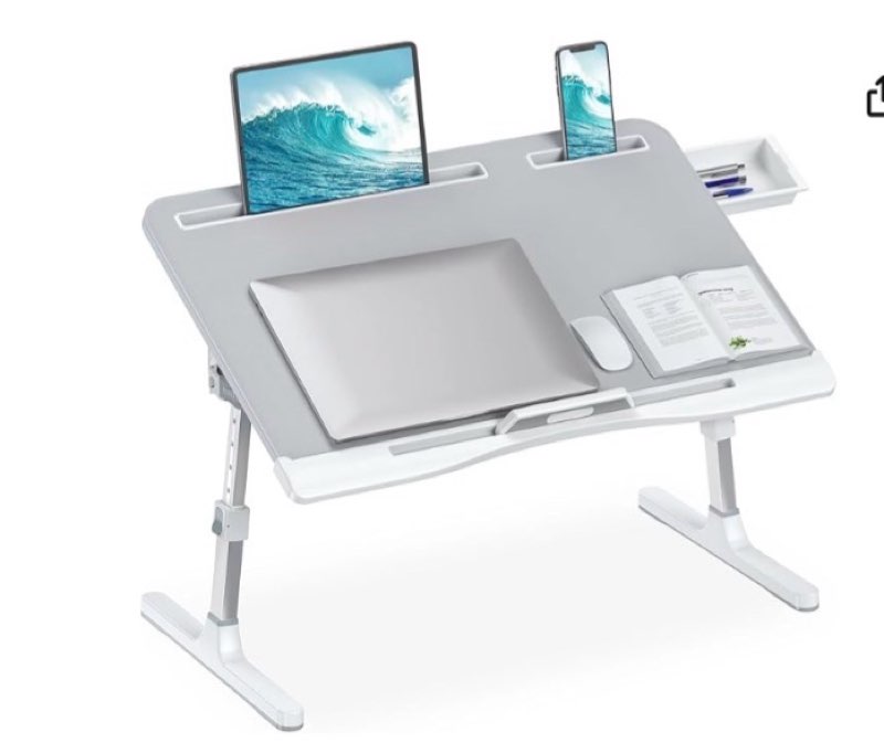 hetthi laptop desk for bed, adjustable bed table with leather desktop, foldable x-large laptop bed trays with drawer for bed couch floor writing working reading eating painting (gray, 23.6"×15.7")