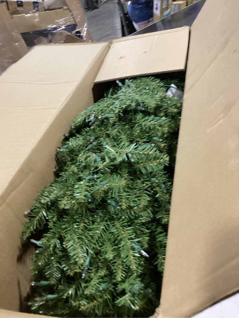 Condition photo showing As Is for national tree company 6 ft pre-lit dunhill fir artificial christmas tree, 600 warm white led lights, 1,430 tips, includes stand, green 6ft tree