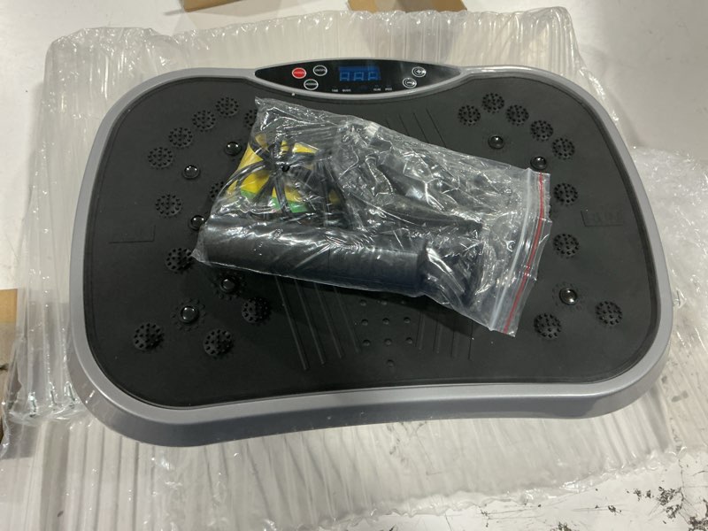 Condition photo showing As Is for mintazer vibration plate exercise machine with remote control & magnetic acupressure, whole body workout platform for home fitness, grey & black